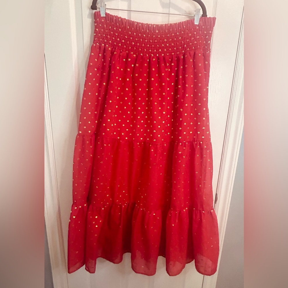 🔥”Lane Bryant” NWT Orange Red Tiered Maxi Skirt w/ Metallic Gold Detailing🔥